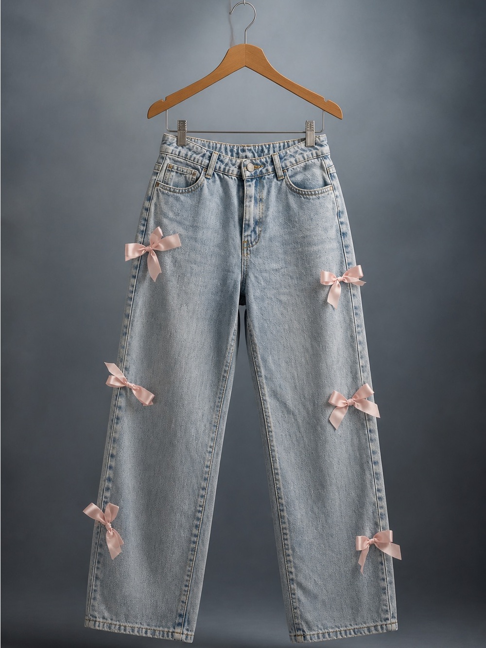 Light Blue Straight-Leg Jeans with Pink Bow Accents